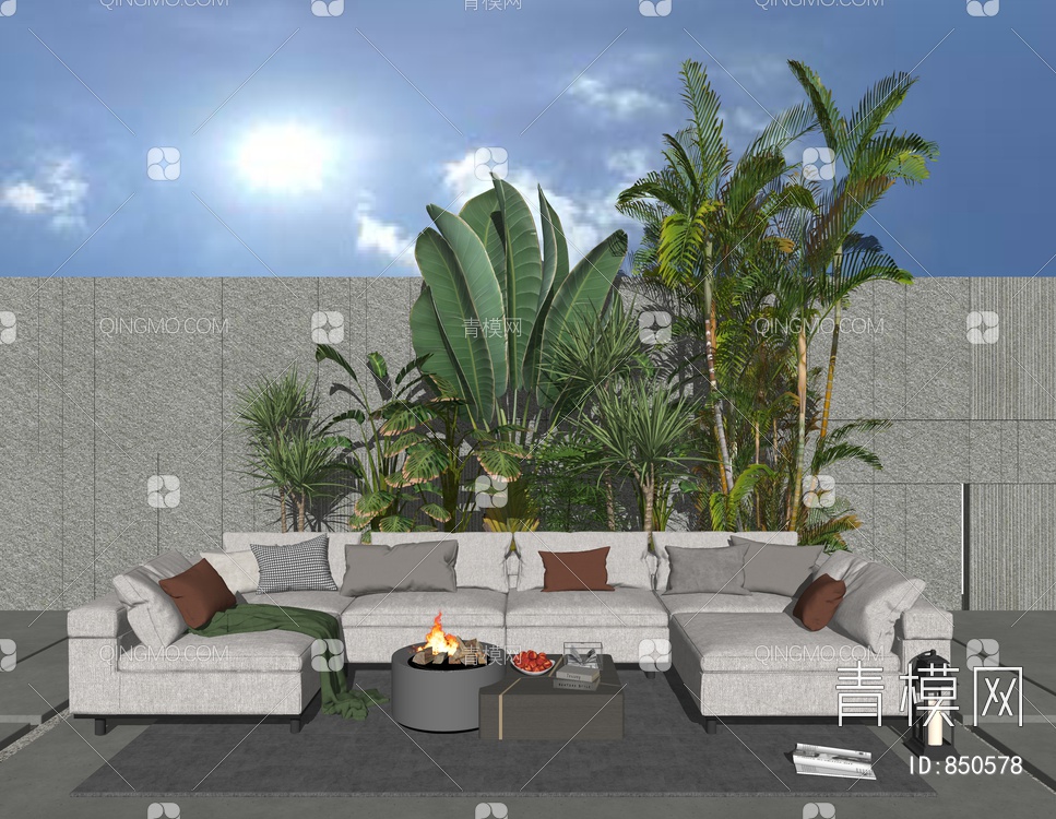 户外沙发 庭院沙发 景观植物SU模型下载【ID:850578】