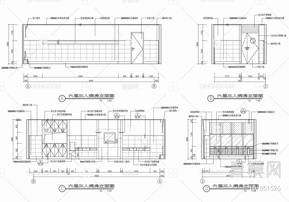 某医院住院部（3000㎡）CAD装修施工图【ID:851526】