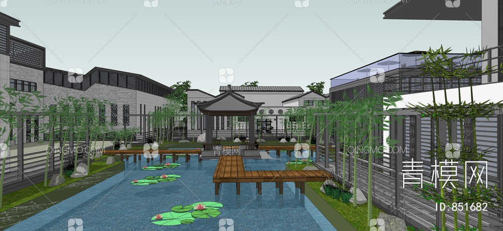 民宿酒店建筑及庭院景观设计SU模型下载【ID:851682】