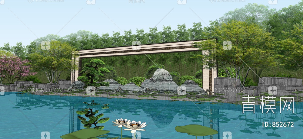 超精致意境水景湖泊 园林景观SU模型下载【ID:852672】