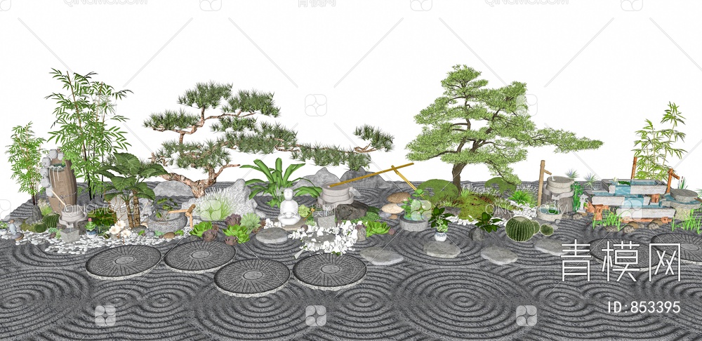 庭院景观小品 庭院植物 造型松 罗汉松 水景 洗手钵SU模型下载【ID:853395】