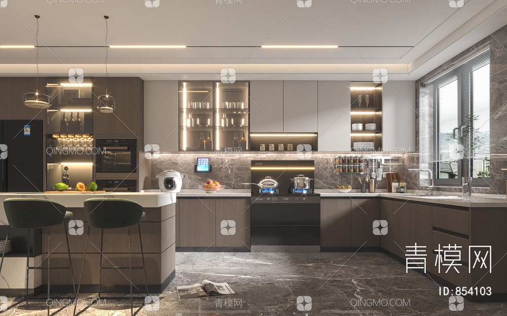 厨房，集成厨房，集成灶，中岛台，橱柜3D模型下载【ID:854103】
