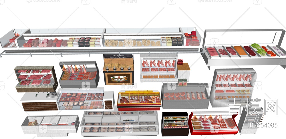 超市肉货架、新鲜肉 肉货架 猪羊牛肉SU模型下载【ID:854085】