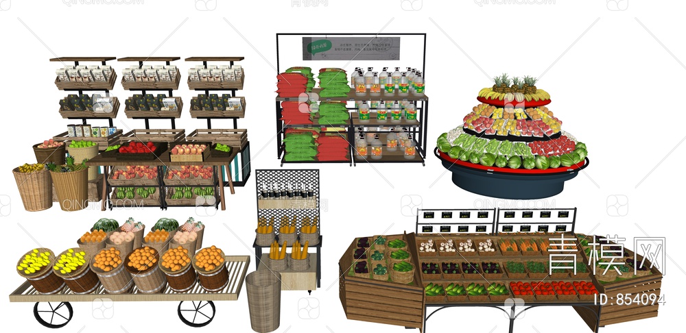 生鲜果蔬货架 超市水果摊 果蔬摆货架 水果货架 蔬菜货架  超市摆货架 蔬菜水果SU模型下载【ID:854094】