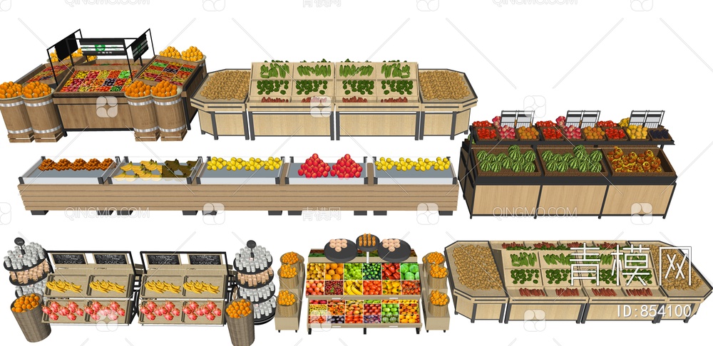 生鲜果蔬货架 超市水果摊 果蔬摆货架 水果货架 蔬菜货架  超市摆货架 蔬菜水果SU模型下载【ID:854100】