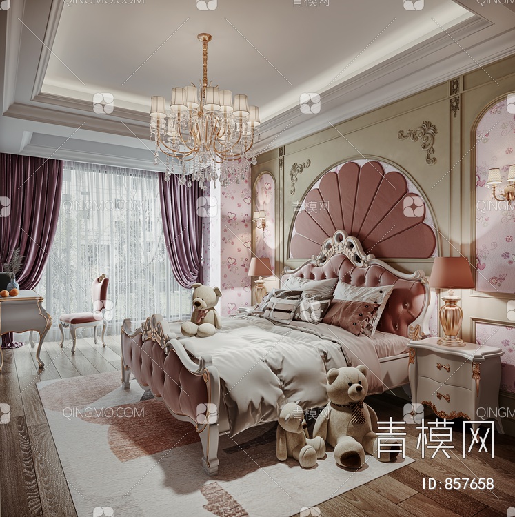 粉色女儿房，公主床，梳妆台，吊灯，壁灯，床头柜，玩偶3D模型下载【ID:857658】
