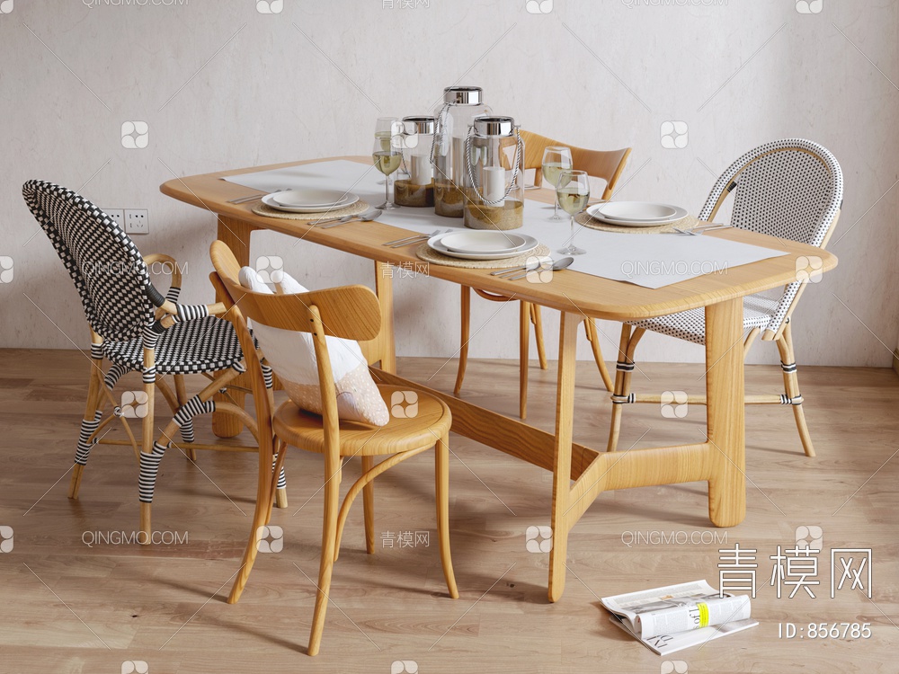 原木餐桌椅 餐具餐盘3D模型下载【ID:856785】