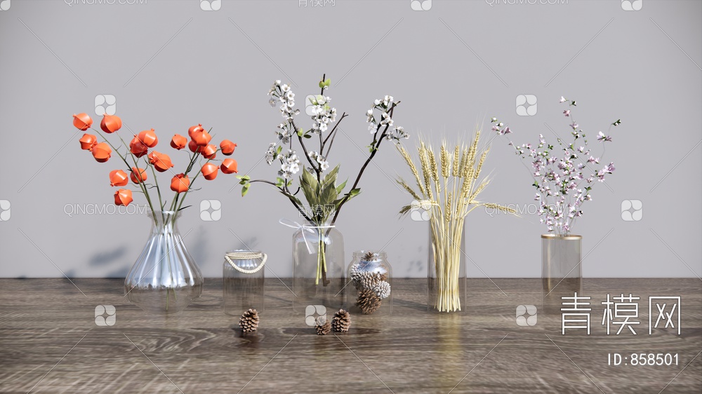 玻璃花瓶花卉组合SU模型下载【ID:858501】