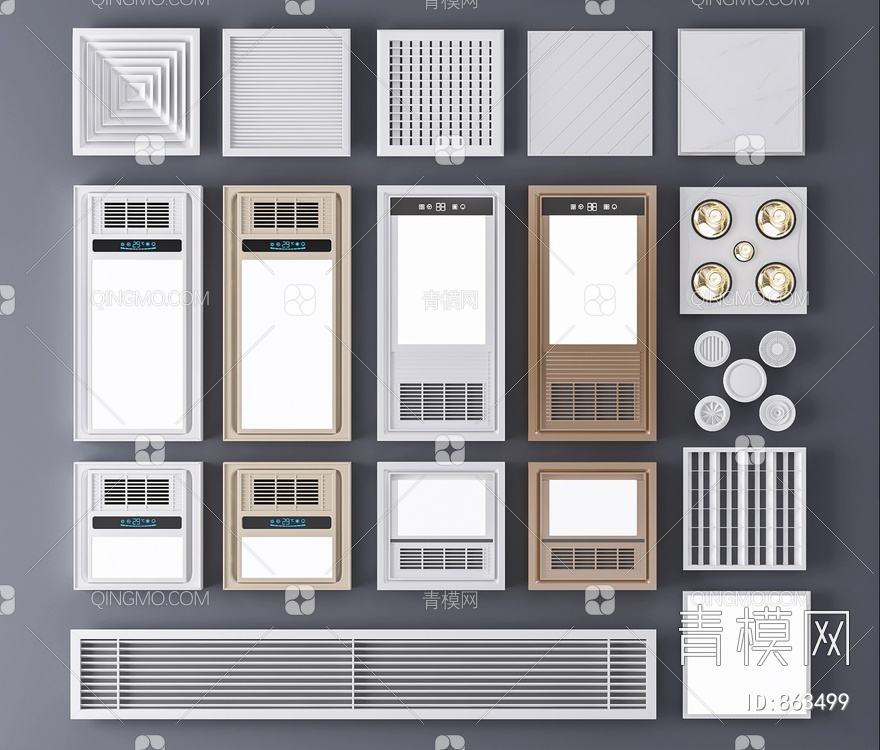 浴霸出风口 浴霸 排气扇 暖风  格栅灯 卫生间铝扣板 浴霸风暖 风暖机 筒灯3D模型下载【ID:863499】