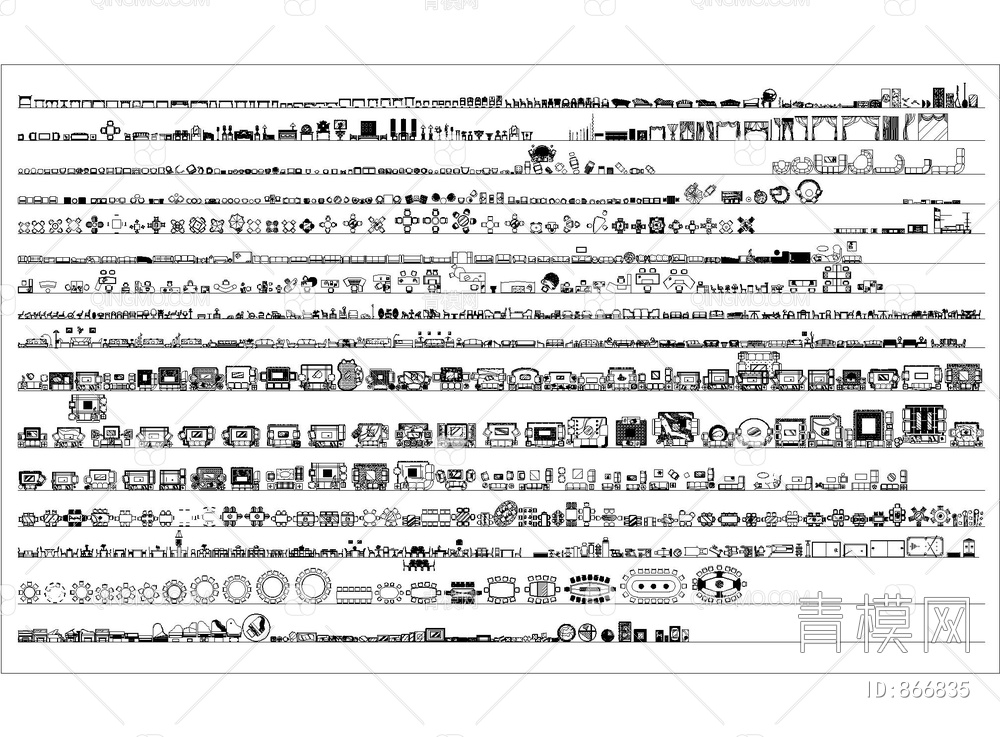 平立面图库（沙发，餐桌，灯具，五金，洁具，书桌，罗马柱，节点大样，图例，汽车，植物，装饰品）【ID:866835】