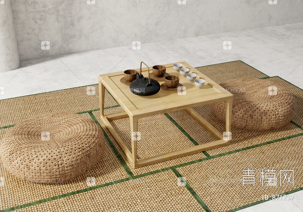 茶桌椅组合 榻榻米茶桌 蒲团坐垫 茶具3D模型下载【ID:871239】