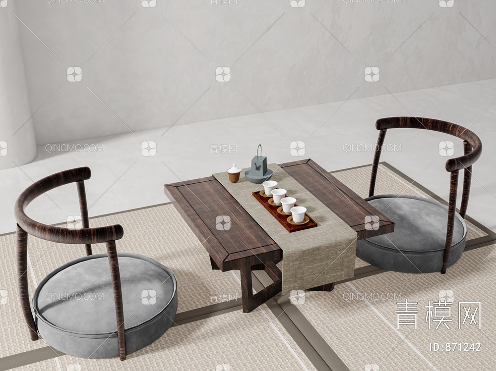 茶桌椅组合 榻榻米茶桌 茶具3D模型下载【ID:871242】