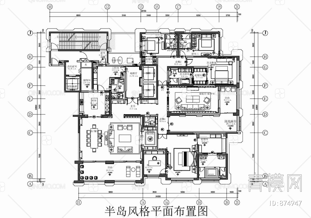 500㎡大平层样板房CAD全套施工图  家装 豪宅 私宅【ID:874947】