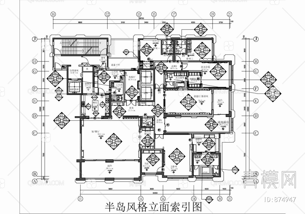 500㎡大平层样板房CAD全套施工图  家装 豪宅 私宅【ID:874947】