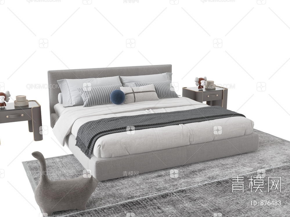 双人床，床头柜3D模型下载【ID:876483】
