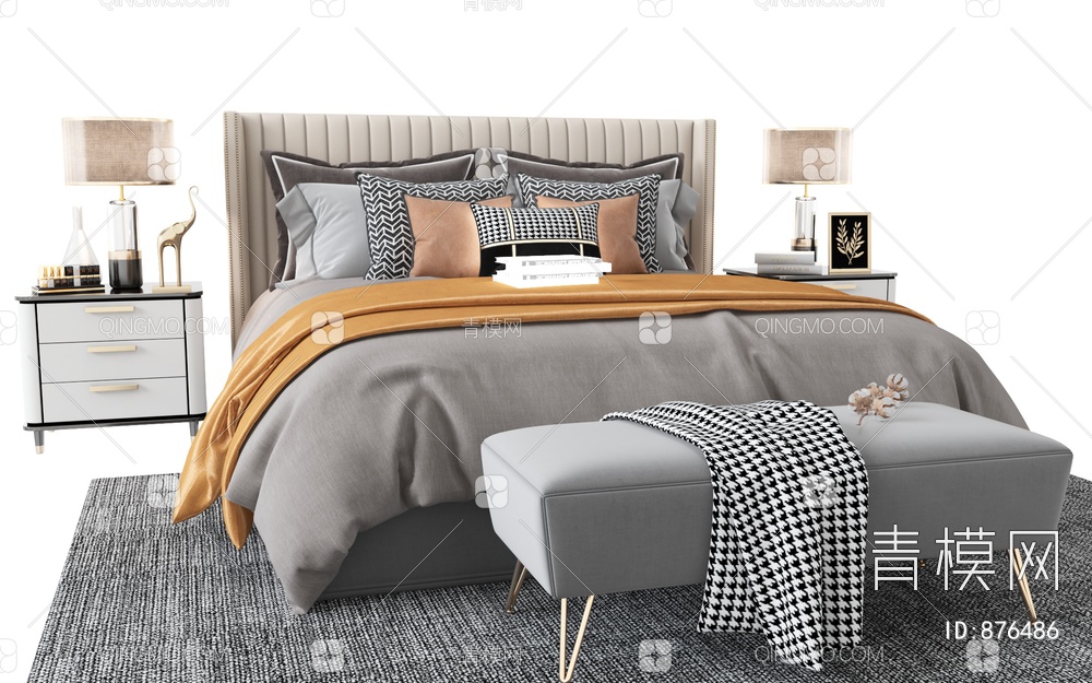 卧室 双人床 床头柜3D模型下载【ID:876486】