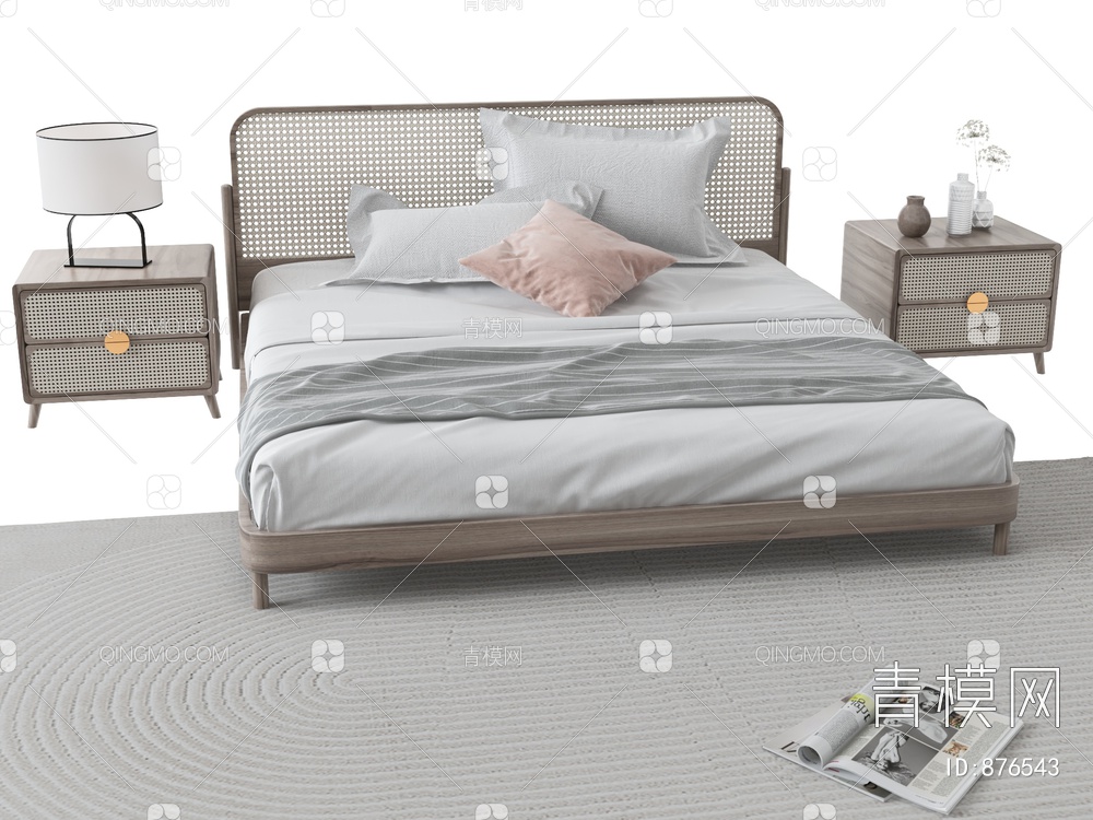 双人床，床头柜3D模型下载【ID:876543】