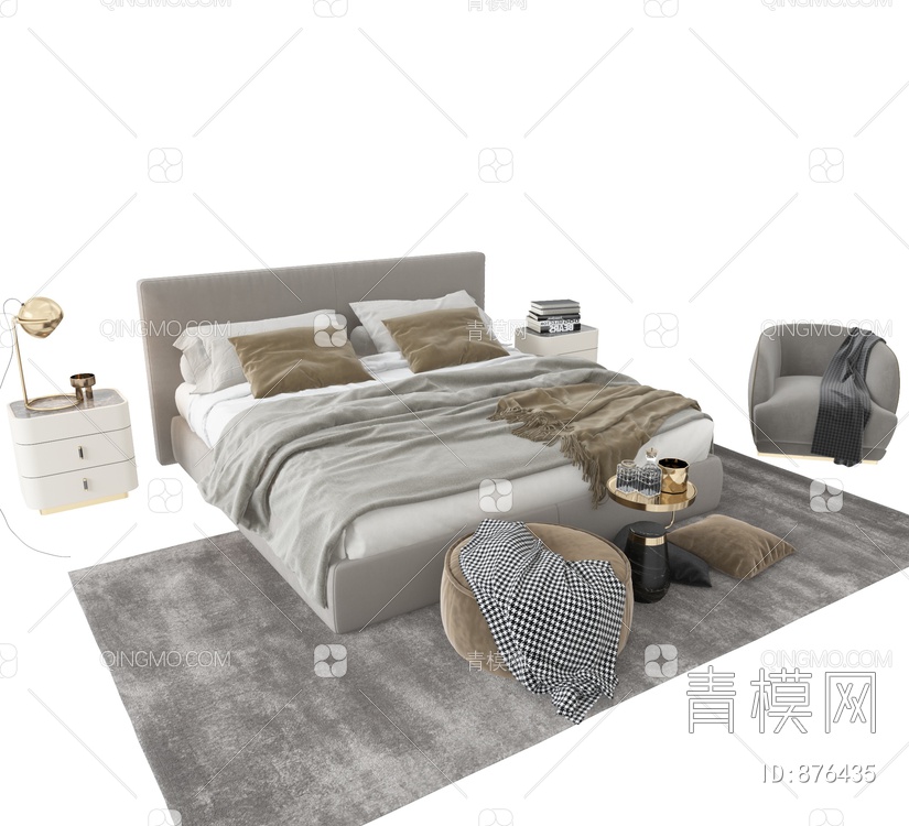 双人床，床头柜3D模型下载【ID:876435】