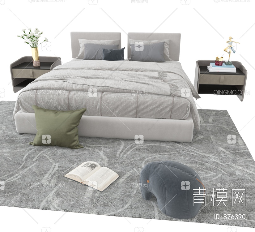 双人床，床头柜组合3D模型下载【ID:876390】