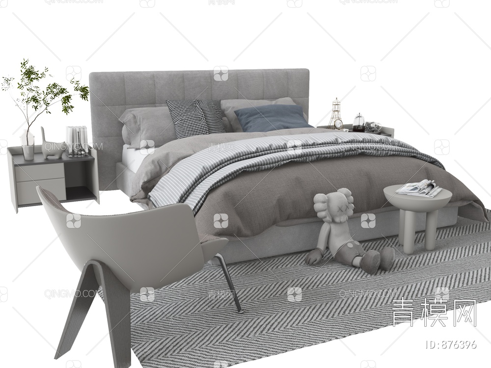 双人床 床头柜3D模型下载【ID:876396】