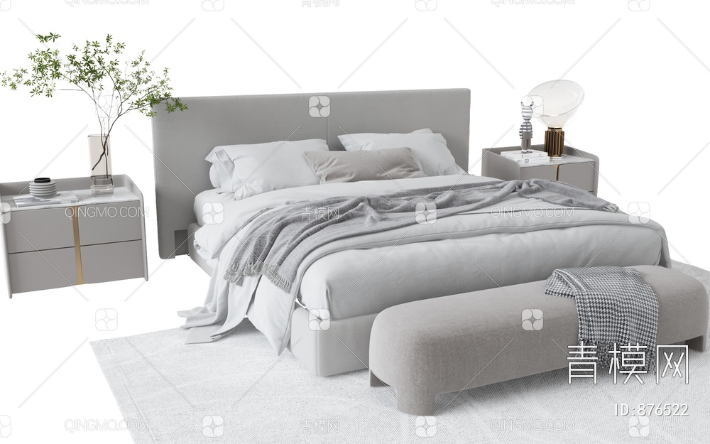 双人床 床头柜3D模型下载【ID:876522】