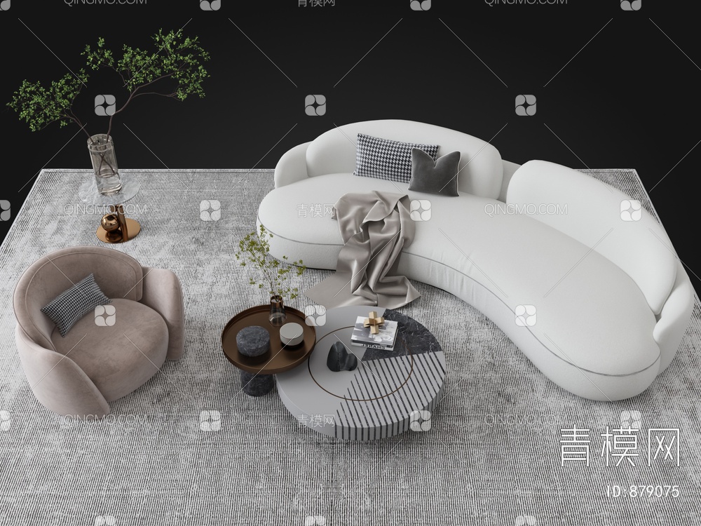弧形沙发茶几组合3D模型下载【ID:879075】