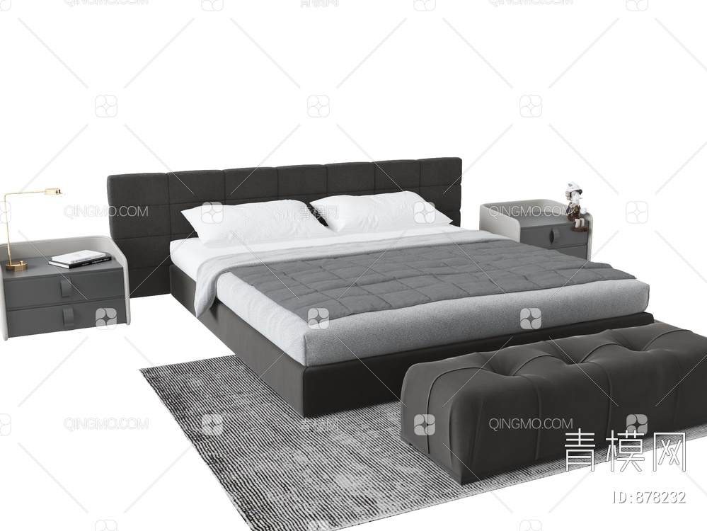 双人床，床头柜3D模型下载【ID:878232】