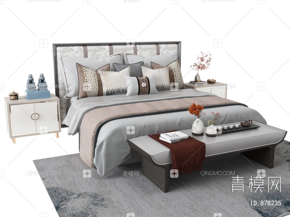 双人床，床尾凳，床头柜3D模型下载【ID:878235】
