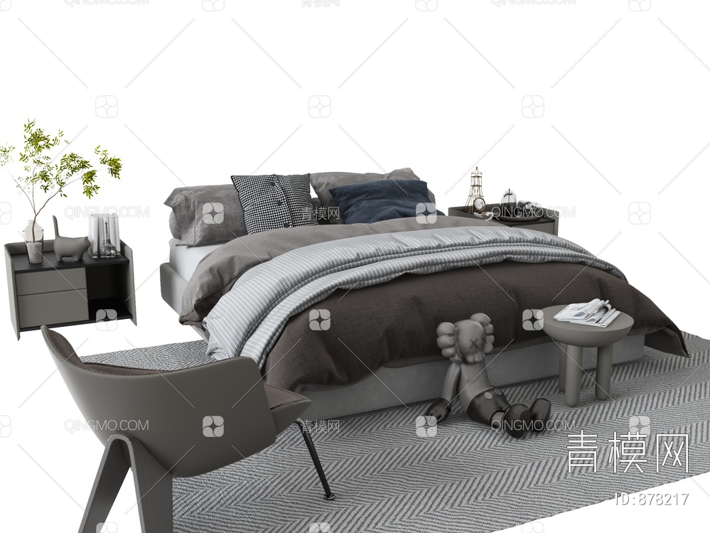 双人床，床头柜3D模型下载【ID:878217】