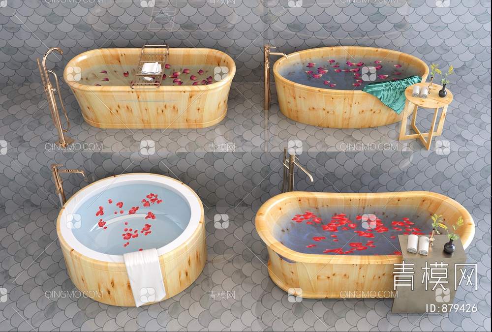 木质浴缸浴桶组合3D模型下载【ID:879426】