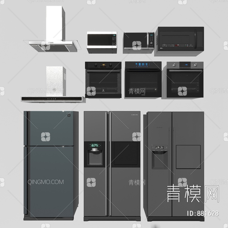 厨房用品组合 冰箱 抽油烟机 烤箱 蒸箱3D模型下载【ID:881628】