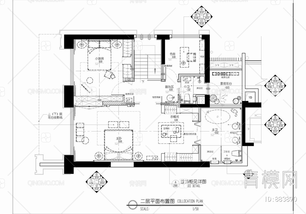 两层洋房样板房CAD施工图+效果图  家装 别墅 私宅【ID:883890】