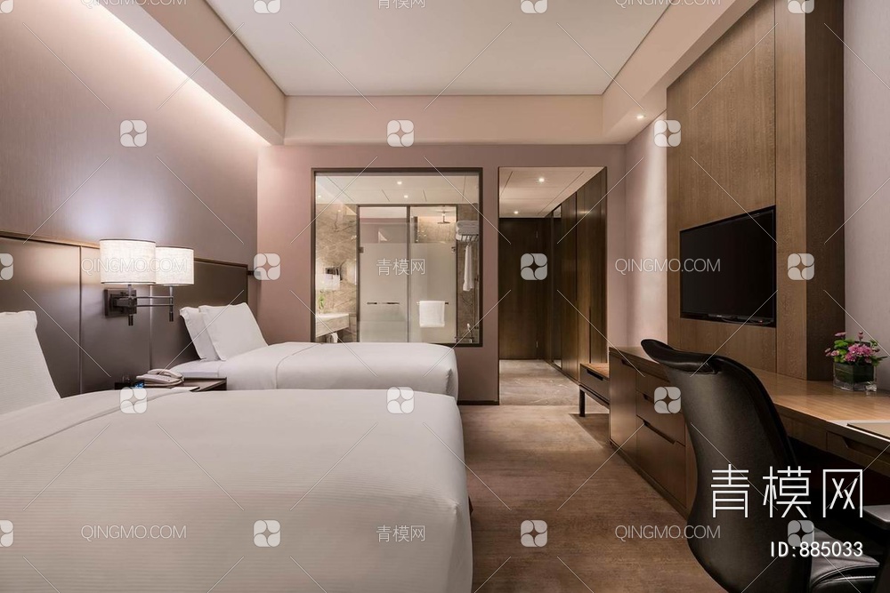 希尔顿酒店标准双床房CAD详细施工图  酒店客房【ID:885033】