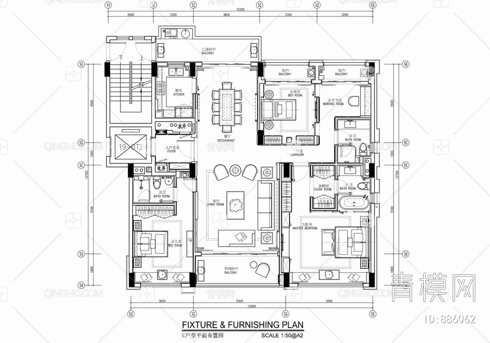 160㎡大平层私宅CAD施工图 家装 样板房【ID:886062】