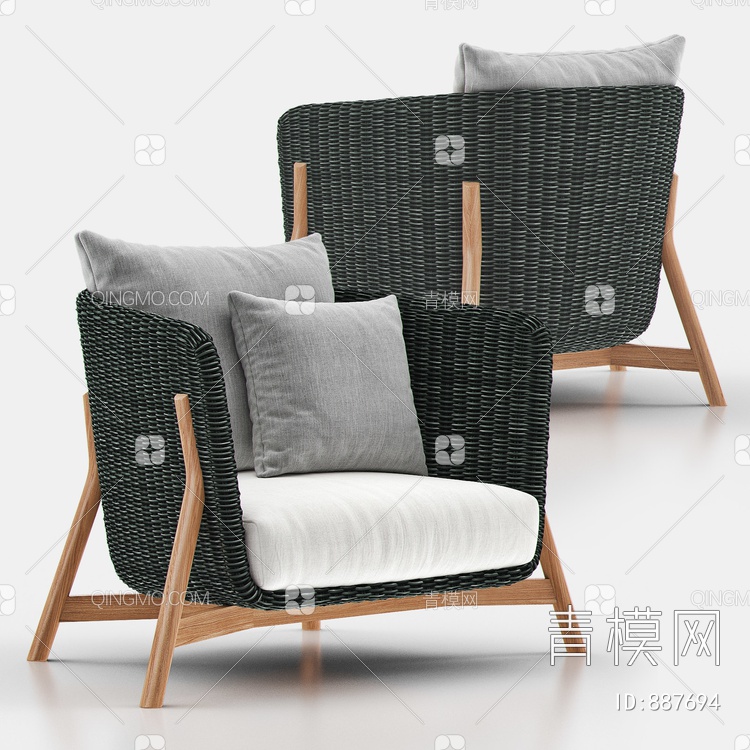 休闲编织棉麻单人沙发 靠枕3D模型下载【ID:887694】