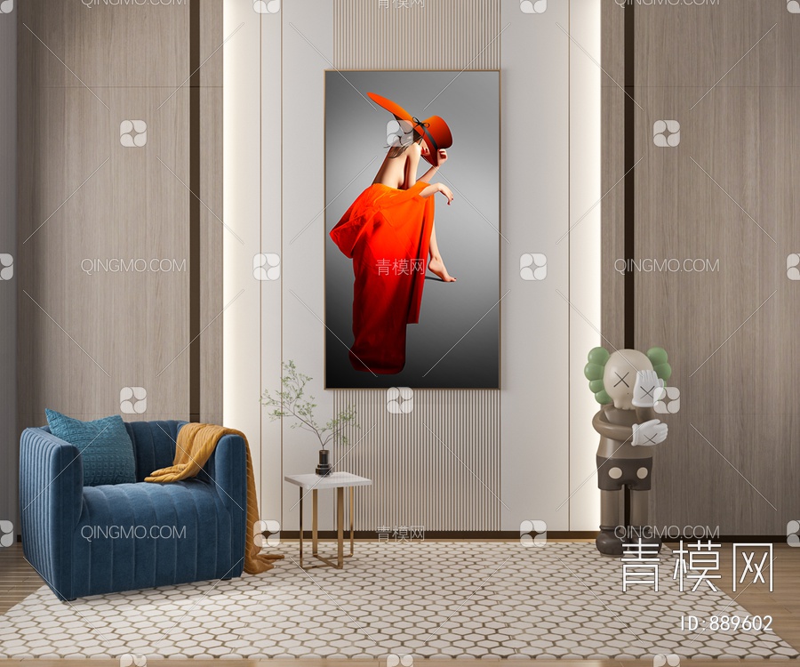 单人沙发 玄关美女人物挂画 爱玛橙挂画3D模型下载【ID:889602】