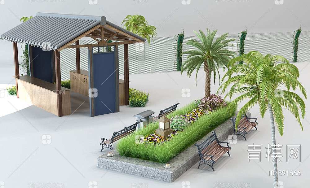 户外休闲座椅 植物 花坛 花槽3D模型下载【ID:891666】
