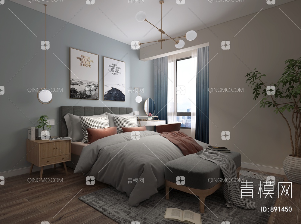 卧室 双人床 壁灯吊3D模型下载【ID:891450】