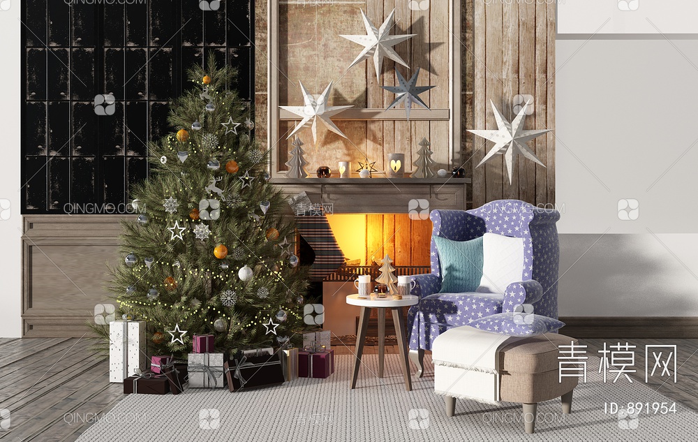 单人沙发圣诞树饰品壁炉礼品盒3D模型下载【ID:891954】