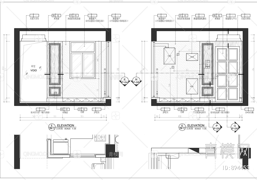 三房平层家装私宅CAD施工图【ID:894453】