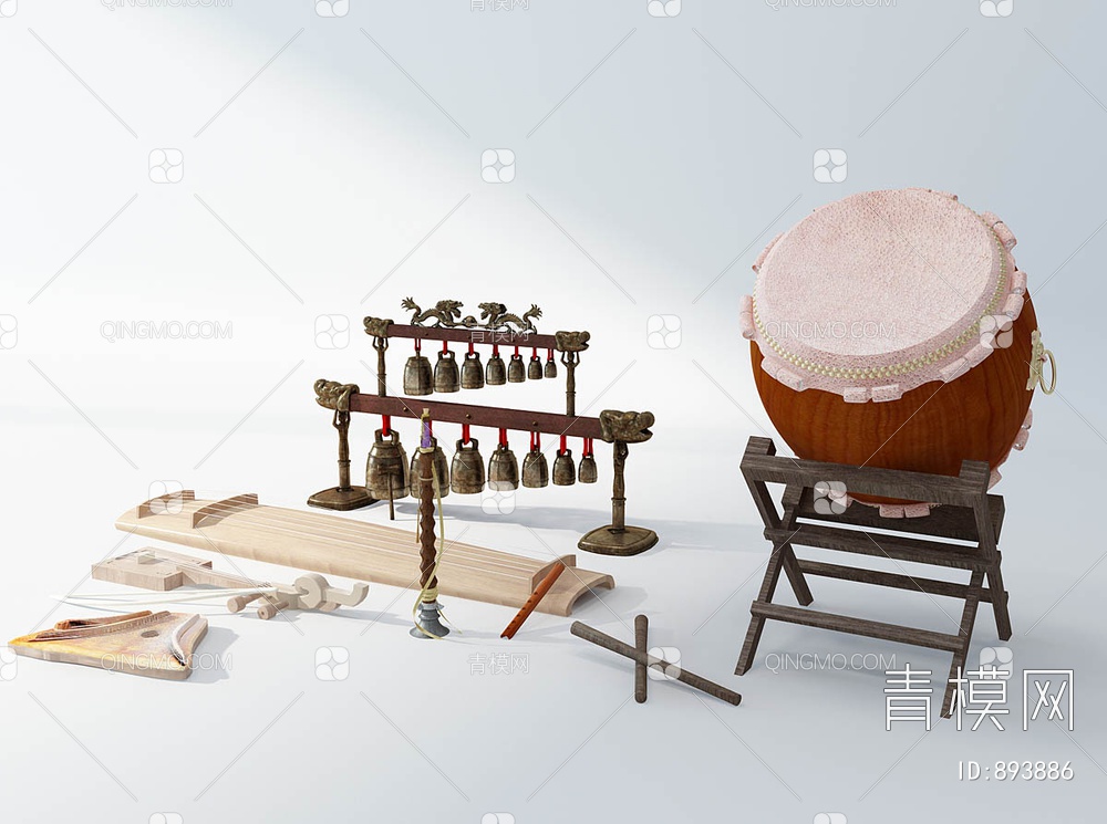 大鼓鼓编钟古琴乐器3D模型下载【ID:893886】
