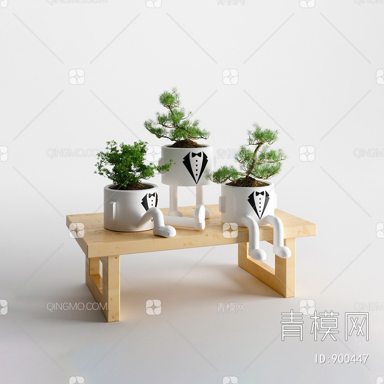 创意盆栽组合 白陶瓷花盆3D模型下载【ID:900447】