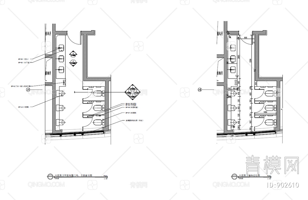 办公大楼标准层电梯厅公区卫生间CAD施工图+效果图+材料表【ID:902610】