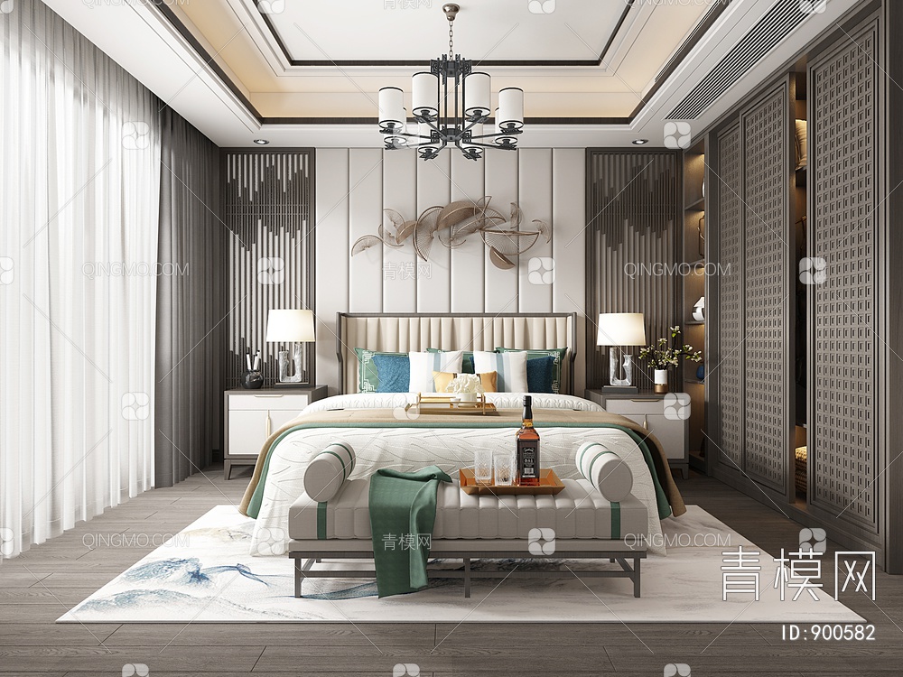 新中式卧室3D模型下载【ID:900582】