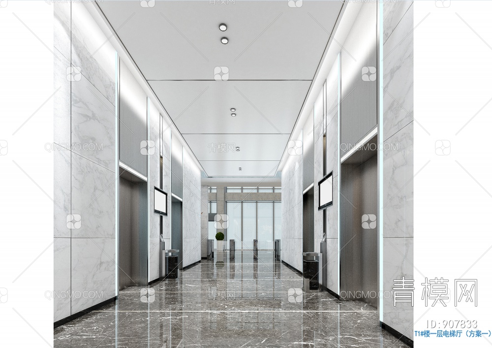 某办公大楼大堂公区电梯厅公共卫生间CAD施工图+效果图【ID:907833】