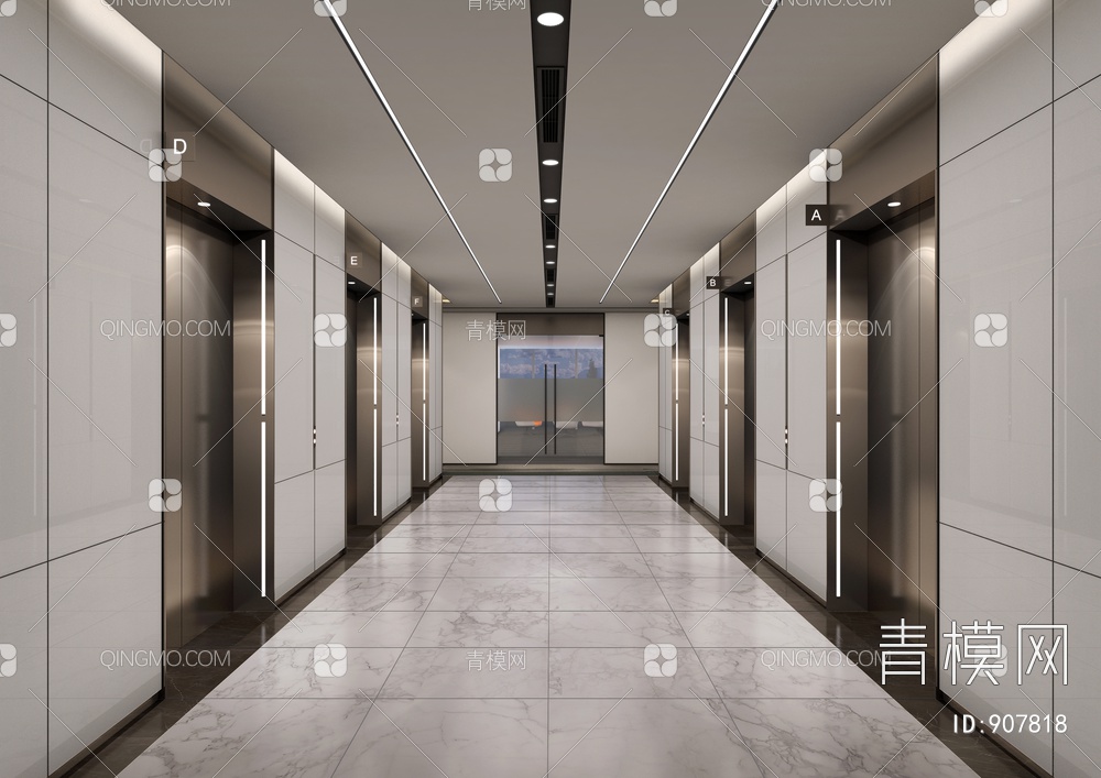 某办公大楼标准层电梯厅走廊公区CAD施工图+效果图  电梯厅 公共卫生间 公区 走道【ID:907818】