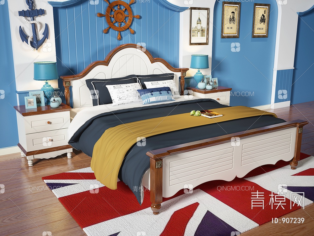 实木双人床，床头柜视频3D模型下载【ID:907239】