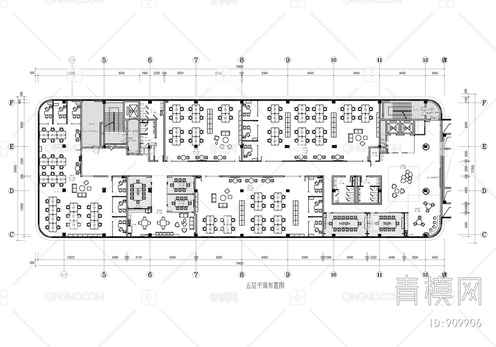 5400㎡（3F~5F)金融办公室CAD施工图 办公楼 办公空间 创意办公【ID:909906】