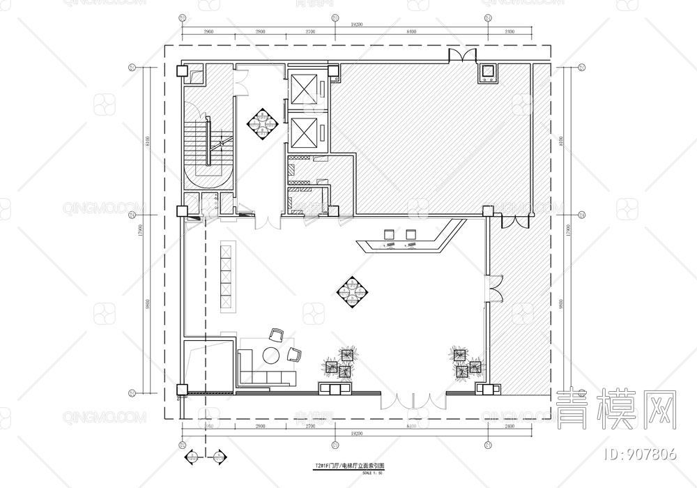 某公寓大堂公区CAD施工图+效果图  办公大堂 走廊 电梯间【ID:907806】