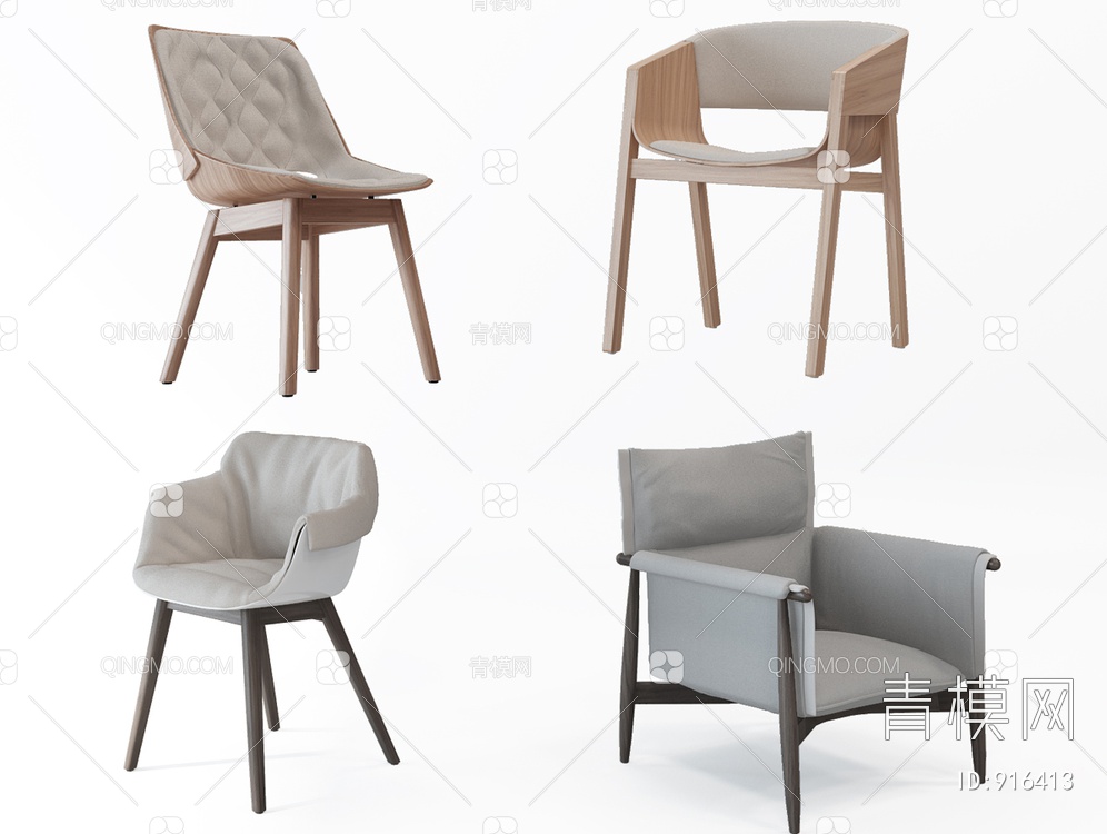 木质单椅组合3D模型下载【ID:916413】